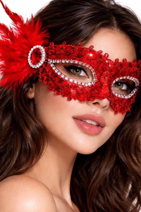 Kırmızı Taşlı Venedik Parti Maskesi – Tüylü Payetli