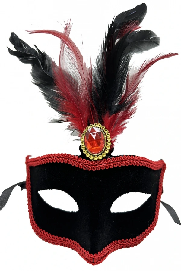 Kırmızı Tüylü Siyah Süet Kaplama Parti Maskesi