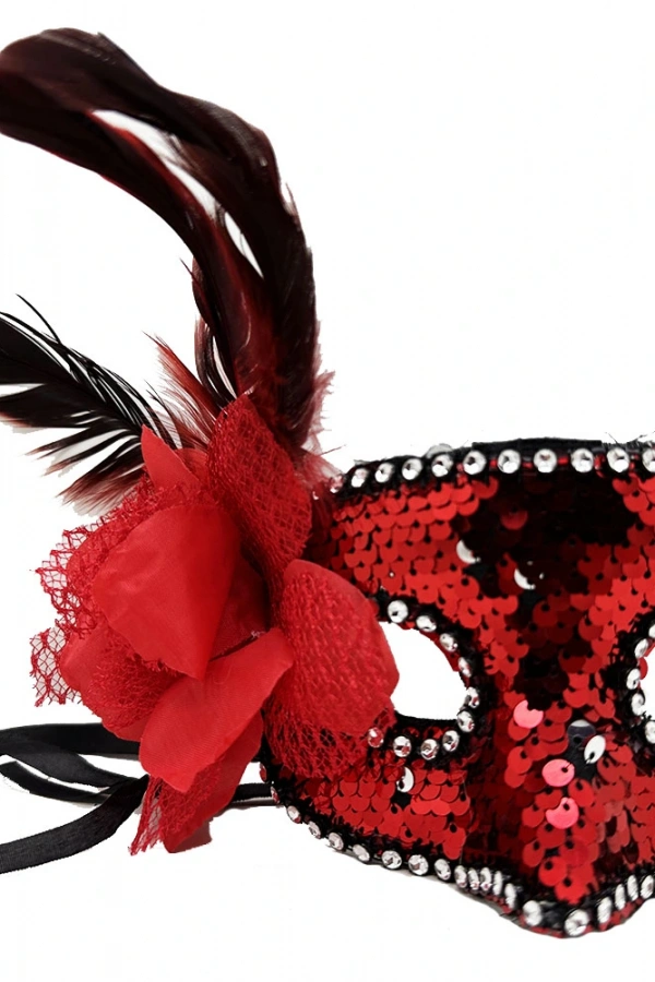 Kırmızı Yandan Tüylü Güllü Taşlı Pullu Maske