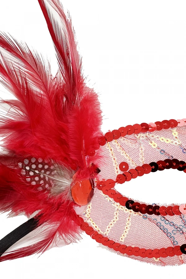 Kırmızı Yandan Tüylü Payetli Parti Maskesi