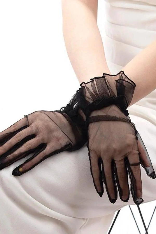 Kısa Boy Likralı Güpürlü Yetişkin Tül Eldiven Siyah