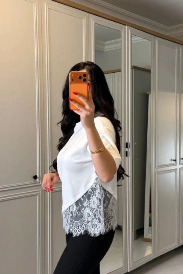 Kısa Kollu Bısıklet Yakalı Dantel Detaylı Vıskon ıkı ıplık Bluz