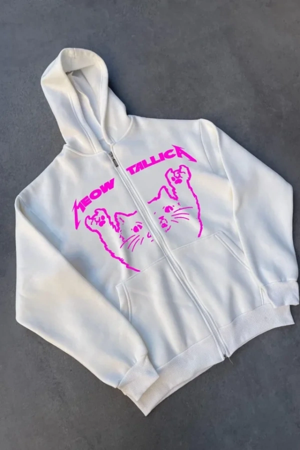 Kışlık Baskılı Fermuarlı Kapüşonlu Hırka - Beyaz