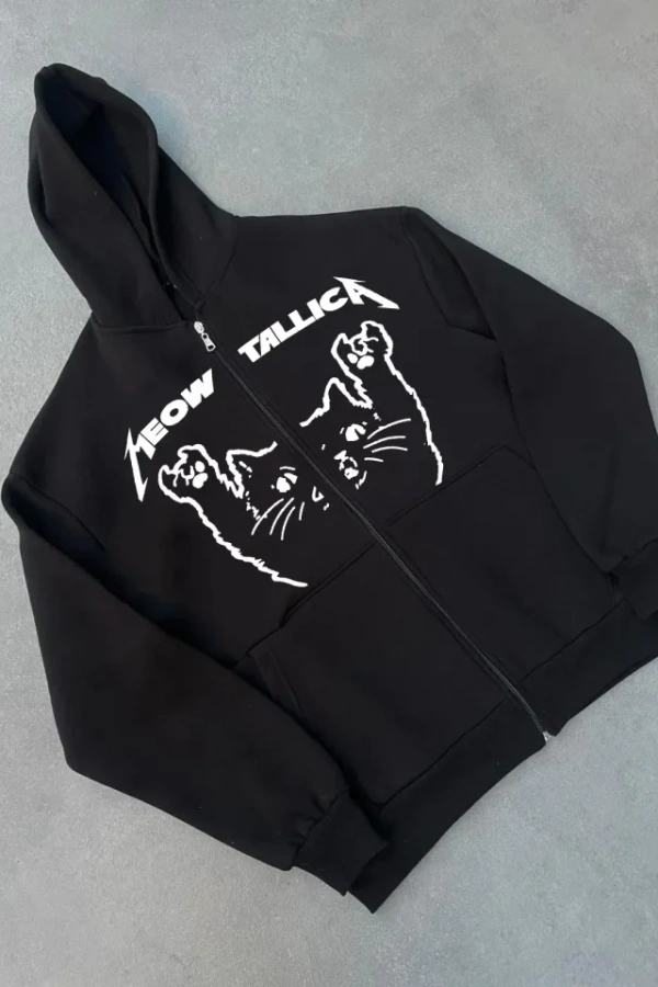 Kışlık Baskılı Fermuarlı Kapüşonlu Hırka - Siyah