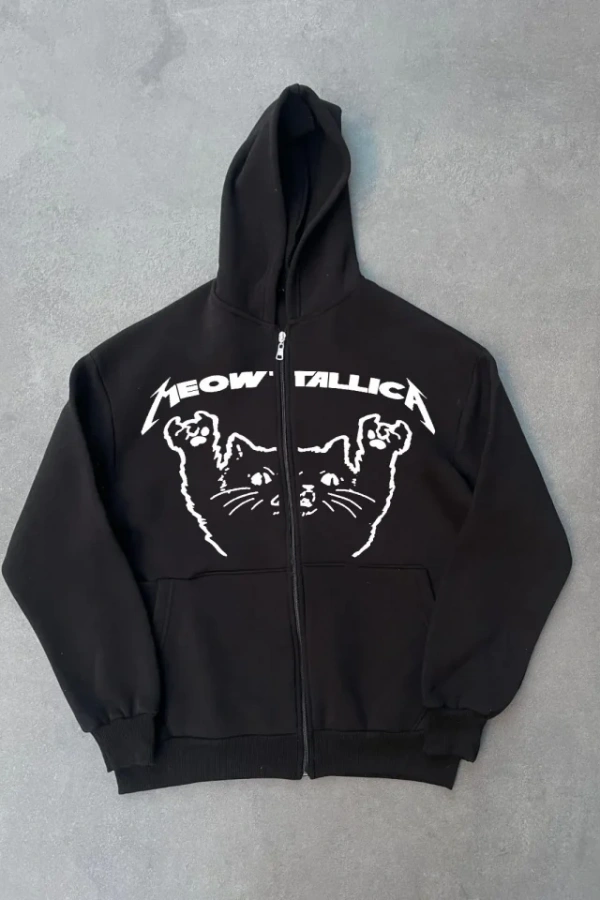 Kışlık Baskılı Fermuarlı Kapüşonlu Hırka - Siyah