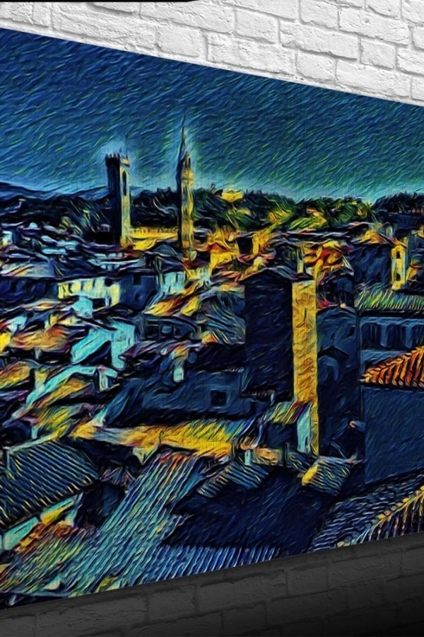 Köy Silueti Mavi Tonlarda Kanvas Tablo 50 x 70