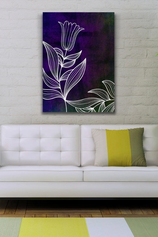 Koyu Mor Üzerine Beyaz Çiçek Kanvas Tablo 50 x 70