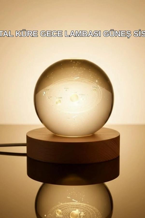 Kristal Gezegen Küre Ahşap Tabanlı USB Işıklı Gece Lambası