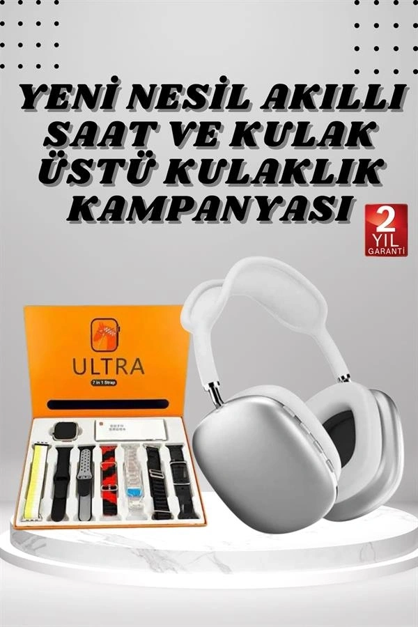 Kulak Üstü P9 Kablosuz Bluetooth Kulaklık ve 7 Kordonlu Akıllı Saat