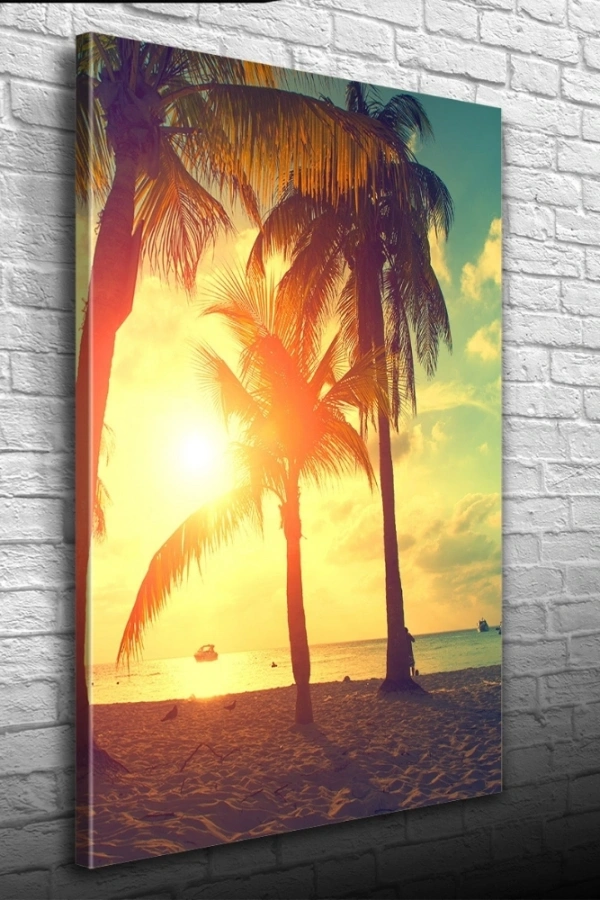 Kumsalda  Palmiyeler  & Günbatımı Kanvas Tablo 50 x 70