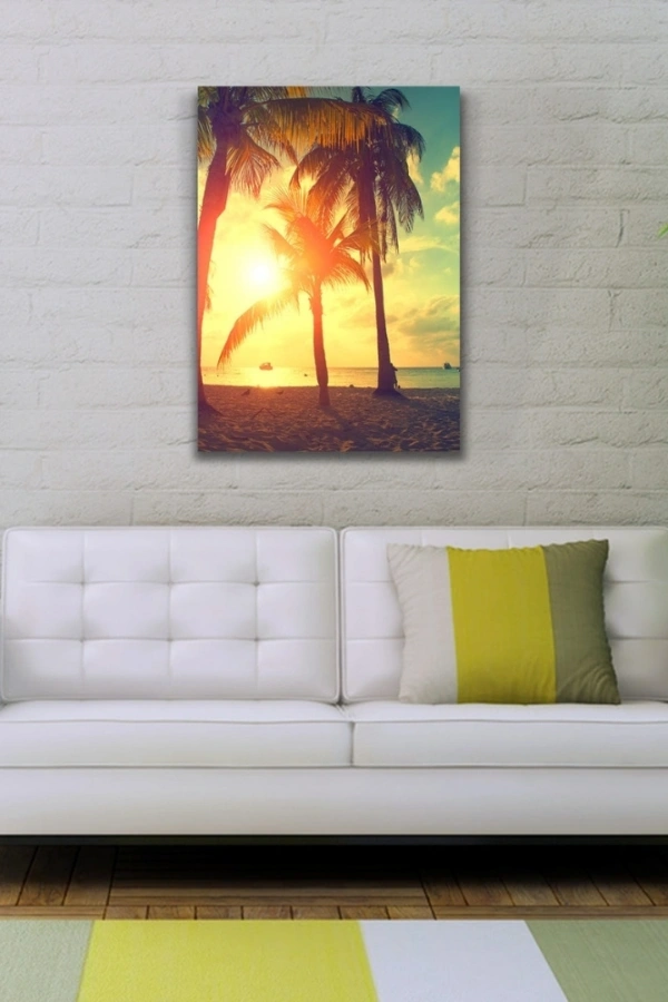 Kumsalda  Palmiyeler  & Günbatımı Kanvas Tablo 50 x 70