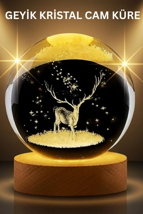 LED Işıklı Geyikli Kristal Küre Ahşap Standlı Modern Dekor Lamba