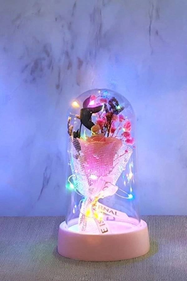 LED Işıklı Müzikli Cam Fanus İçinde Gül Buketi