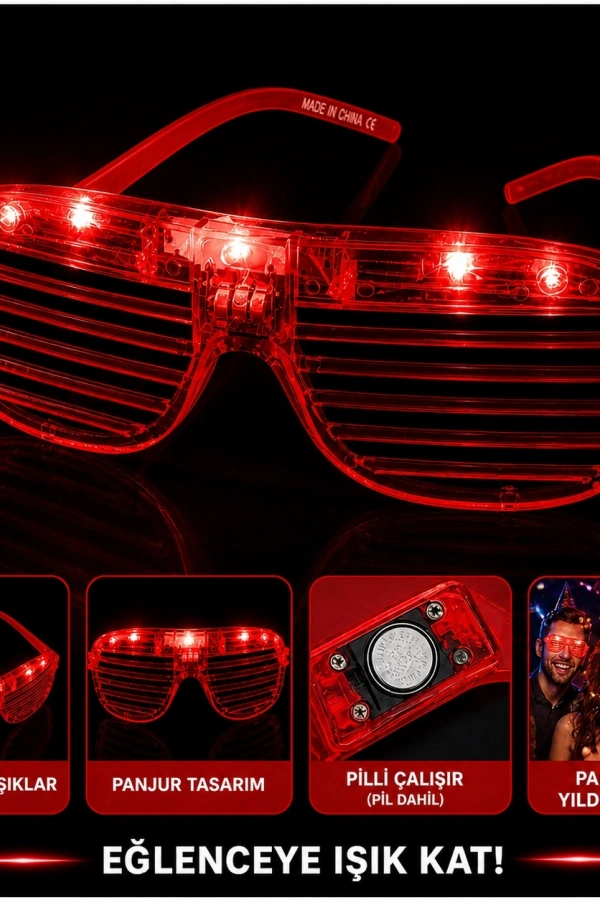 LED Işıklı Panjur Parti Gözlüğü Kırmızı Renk Shutter Gözlük