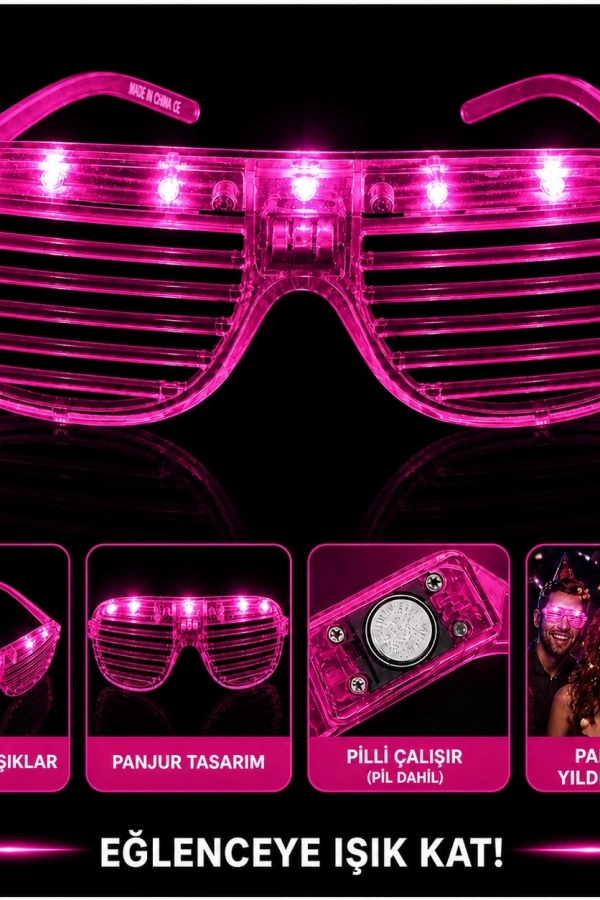 LED Işıklı Panjur Parti Gözlüğü Pembe Renk Shutter Gözlük