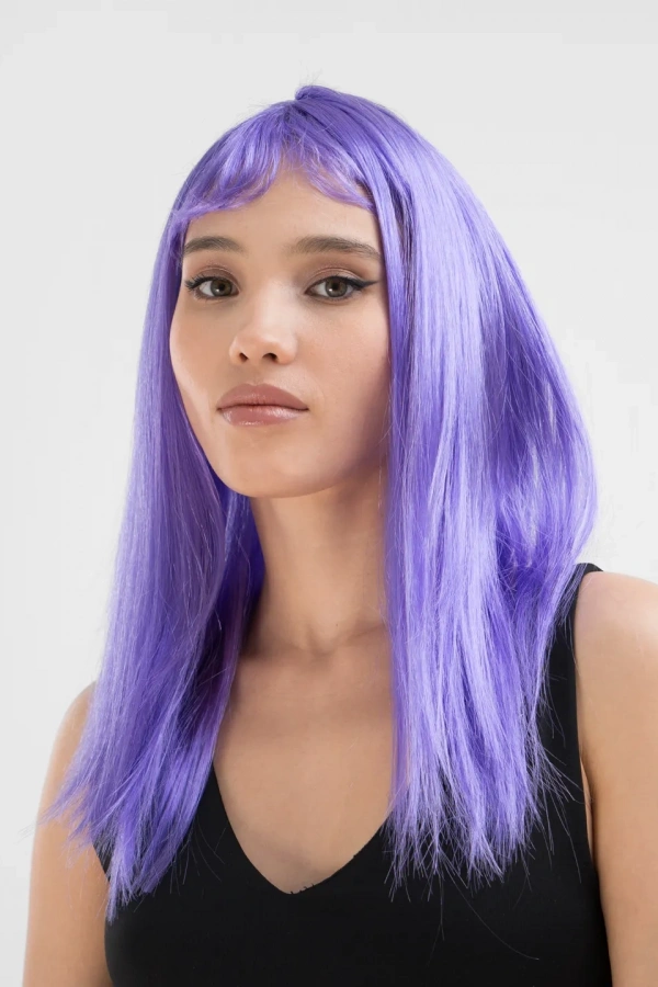 Lila Renk Uzun Düz Parti Peruğu