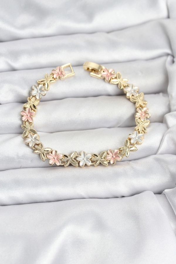 Lotus Model Pirinç Gold ve Pembe Renk Kadın Bileklik