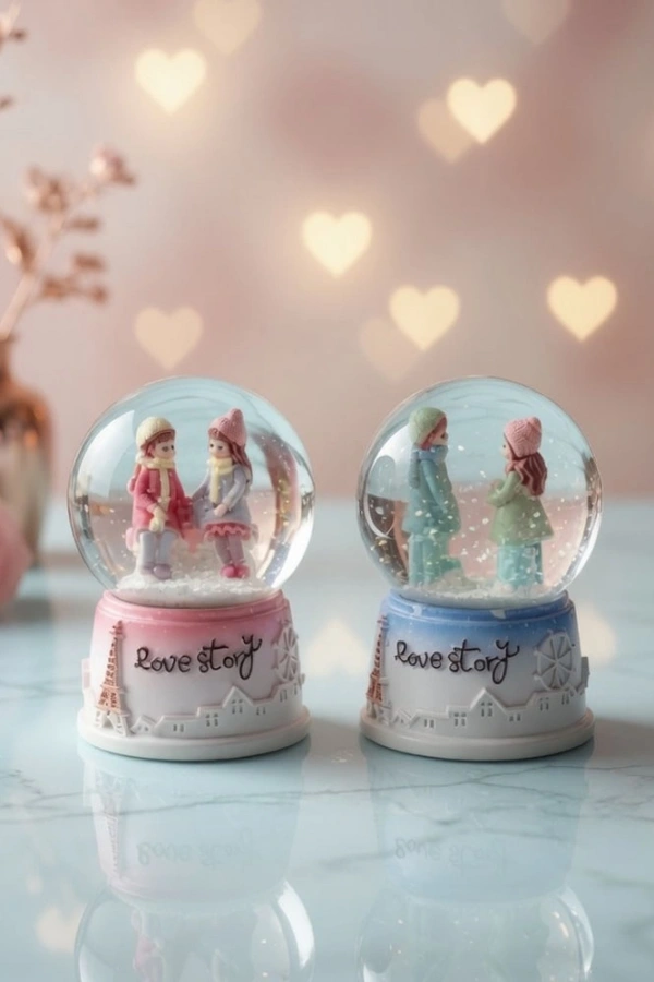 Love Story Mini Kar Küresi - Işıklı - 7x4 cm - Pilli Romantik Hediye