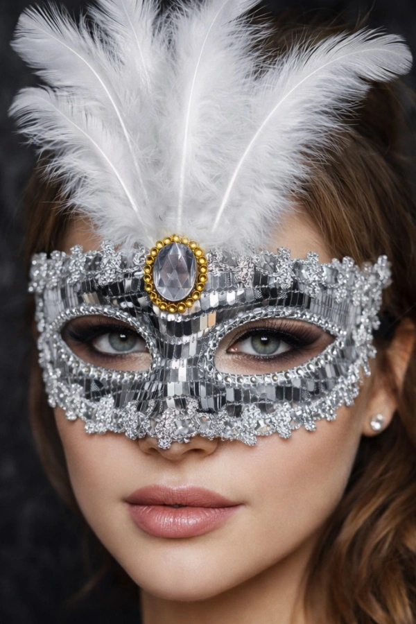 Lüks Gümüş Tüylü Taşlı Balo Maskesi