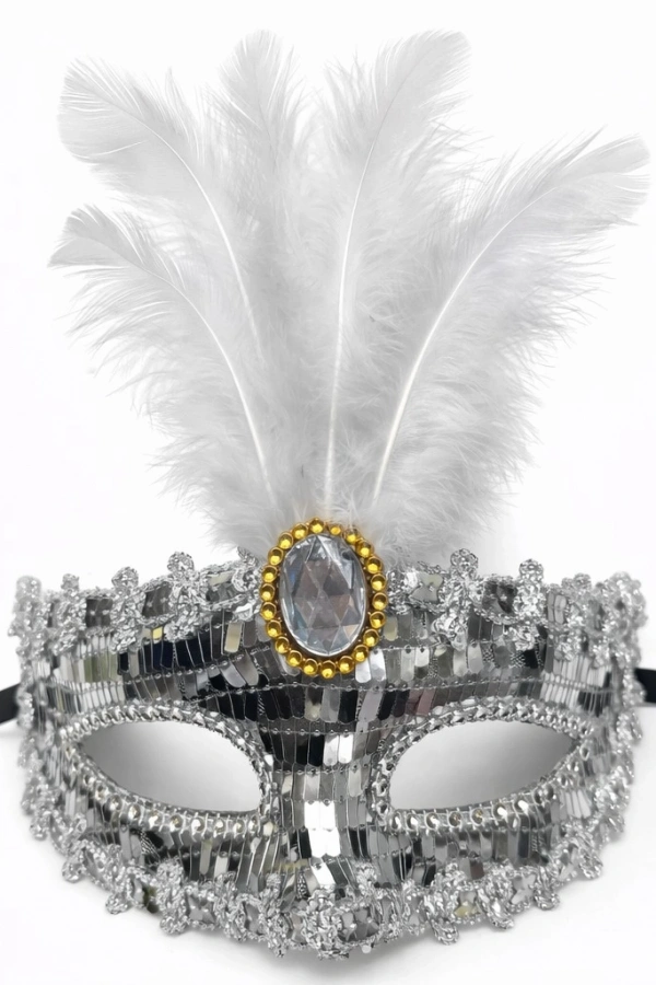 Lüks Gümüş Tüylü Taşlı Balo Maskesi