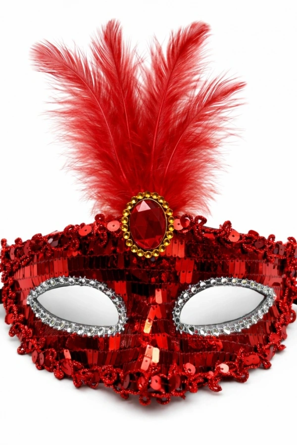 Lüks Kırmızı Tüylü Taşlı Balo Maskesi