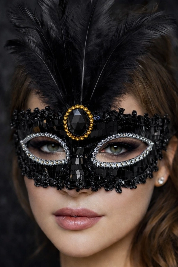Lüks Siyah Tüylü Taşlı Balo Maskesi