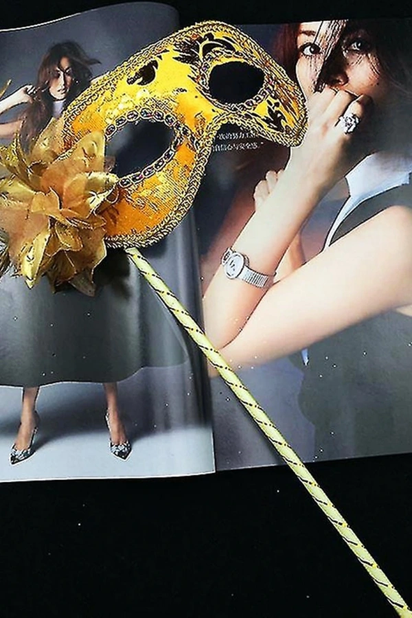 Lüks Taşlı Saplı Balo Maskesi Altın Renk