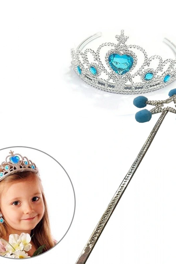 Mavi Ponponlu Elsa Asası ve Kalp Taşlı Elsa Tacı
