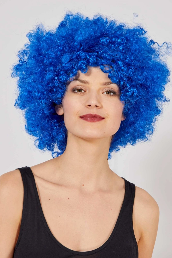 Mavi Renk Kıvırcık Afro Bonus Peruk