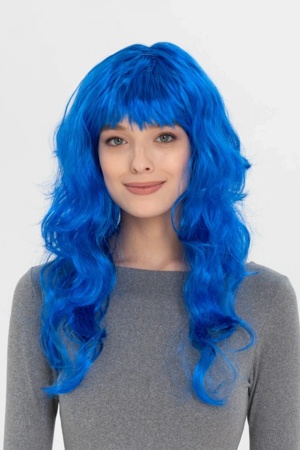 Mavi Renk Uzun Dalgalı Parti Peruğu