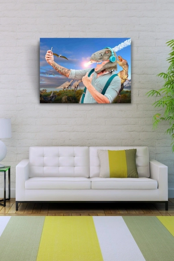 Mavi Tonlarda Dinazor Başlı Adam Resmi Kanvas Tablo 50 x 70