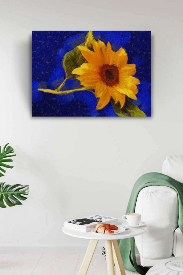 Mavi Zeminde Sarı Çiçek Kanvas Tablo 50 x 70