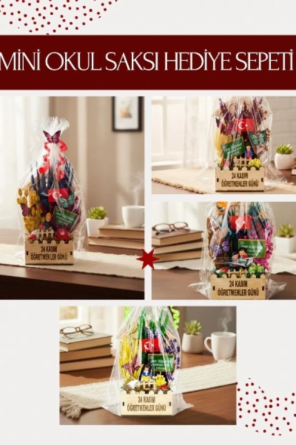 Mini Okul Saksı Hediye Sepeti - Öğretmenler Günü Hediyesi