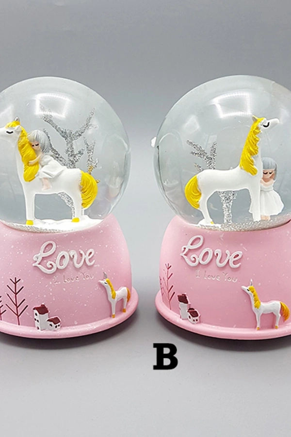 Mini Pembe Kar Küresi - Sevimli Unicorn ve Kız Tasarımlı - Işıklı