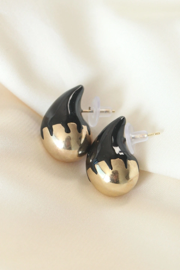 Minimal Siyah Mineli Çift Renk Damla Küpe