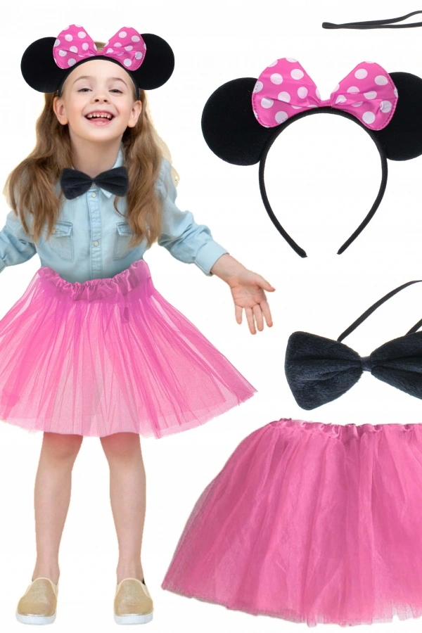 Minnie Kostüm Seti (Pembe Tütü Etek + Pembe Taç + Papyon + Kuyruk)