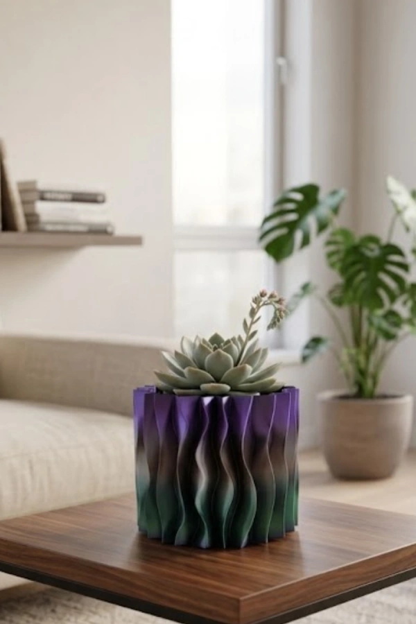 Modern Dalgalı Tasarımlı Mor 3D Dekoratif Vazo Ev Ofis Dekoru