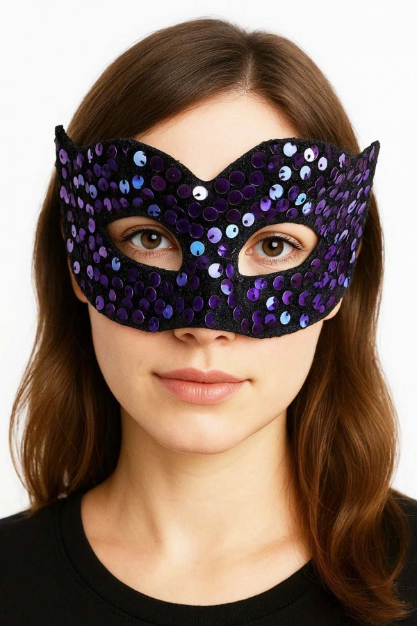 Mor Renk Arkadan Lastikli Pul Payet İşlemeli Balo After Parti Maskesi