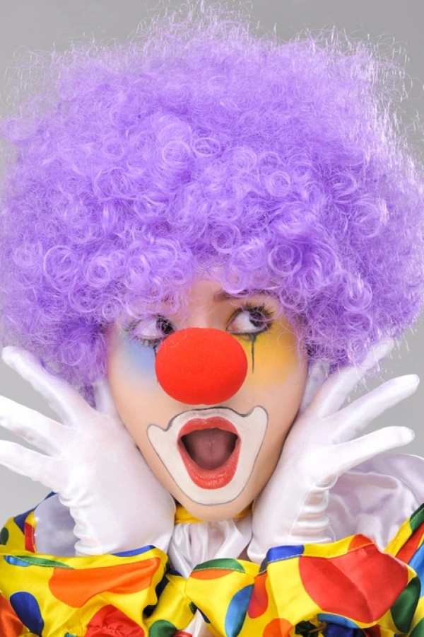 Mor Renk Kıvırcık Bonus Peruk ve Kırmızı Burun Seti