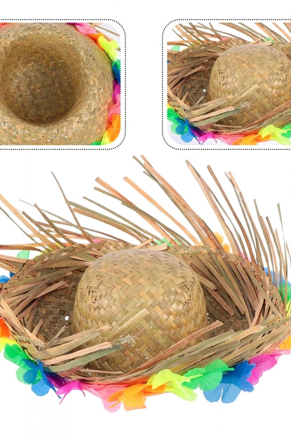 Natural Renkli Püsküllü Örme Hasır Hawaii Şapka