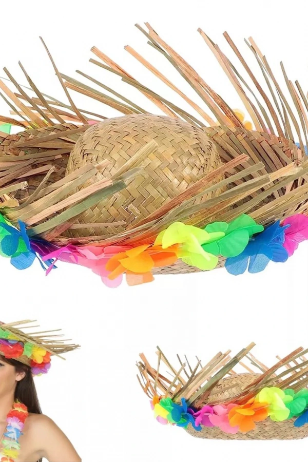 Natural Renkli Püsküllü Örme Hasır Hawaii Şapka