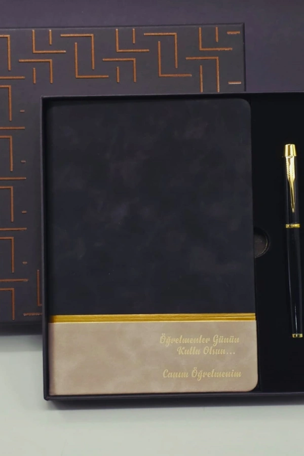 Öğretmenler Günü Özel Siyah Deri Defter Ve Metal Roller Kalem Hediye Seti