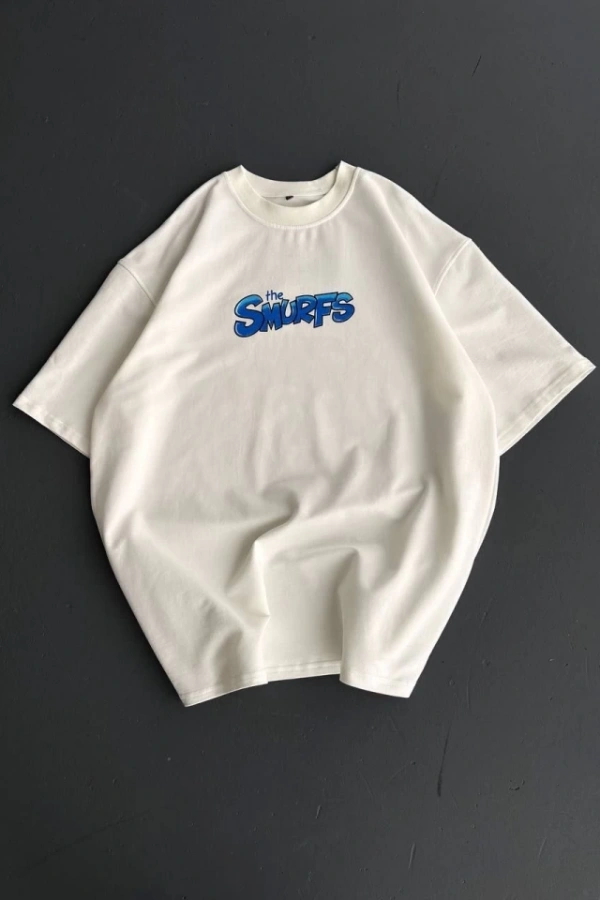 Ön Ve Arka Baskılı Oversize Bisiklet Yaka T-shirt- Beyaz