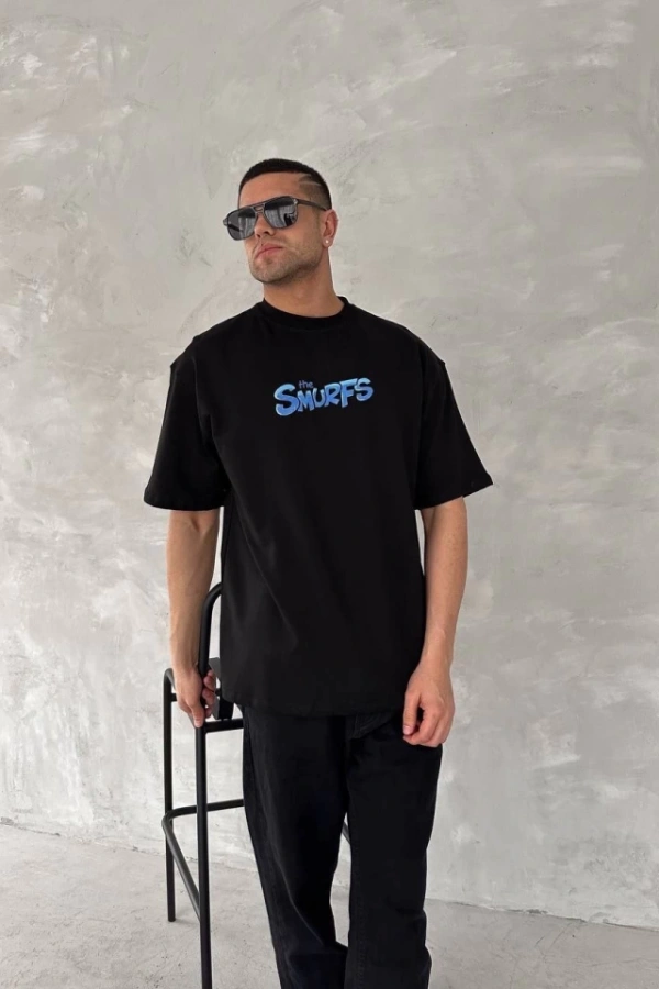 Ön Ve Arka Baskılı Oversize Bisiklet Yaka T-shirt- Siyah