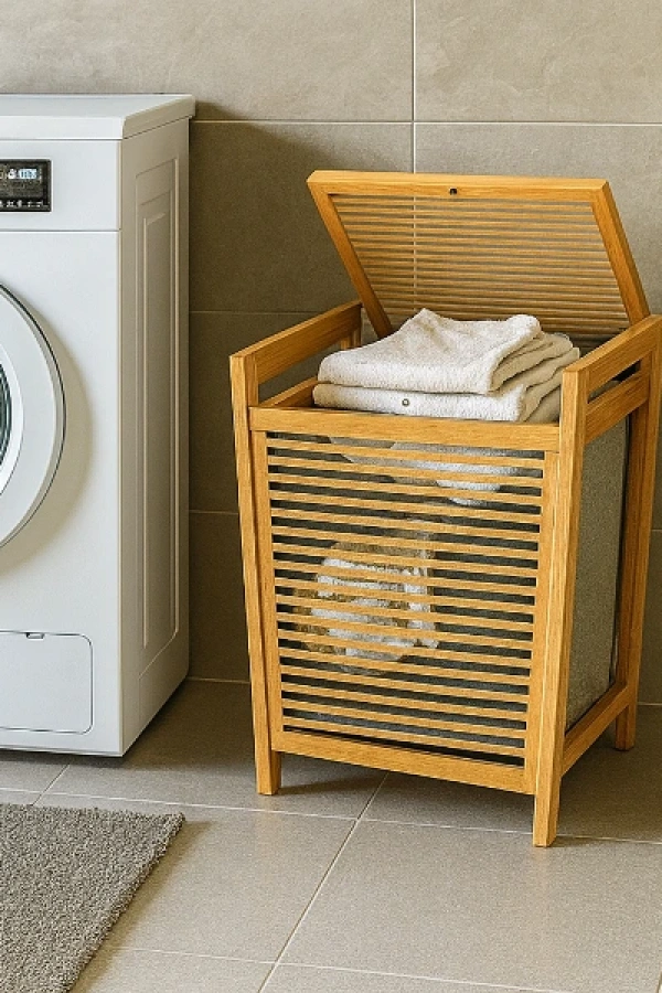 Orta Boy Ahşap Bambu Kirli Sepeti 40x35x60