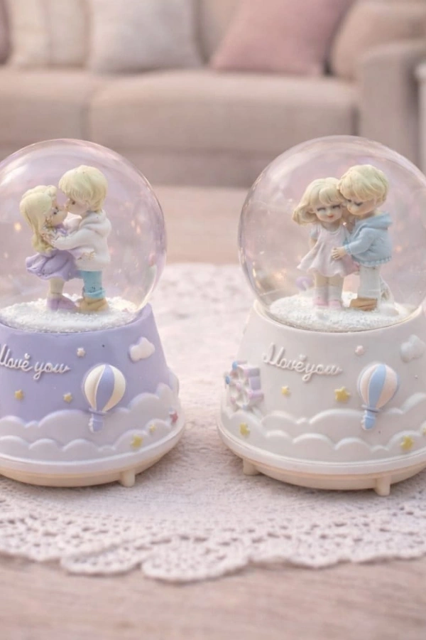 Orta Boy Işıklı Müzikli Motorlu Sevimli Çiftler Kar Küresi