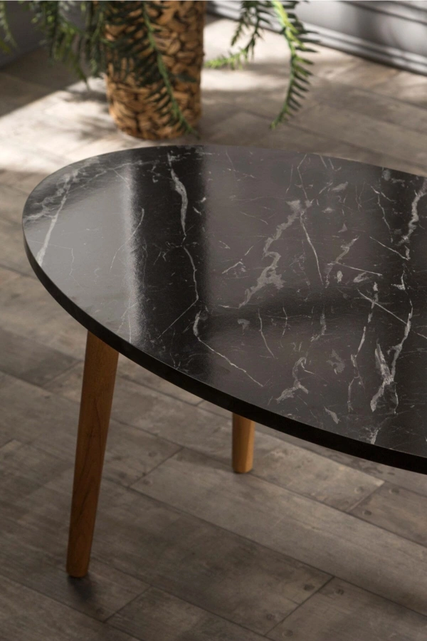 Orta Sehpa Ahşap Torna Elips Siyah Mermer Desen