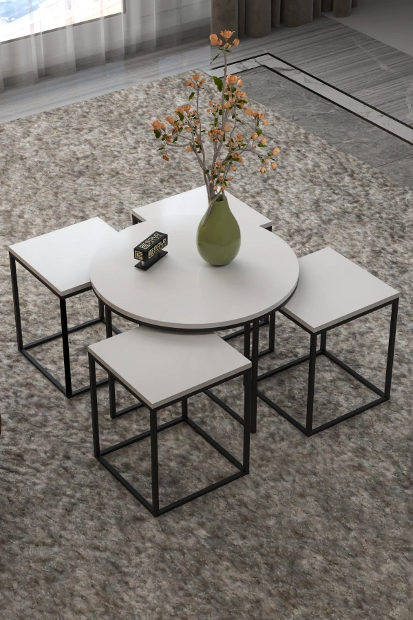 Orta Sehpa Ve Zigon Sehpa Oval Lüx 5Li Set Beyaz