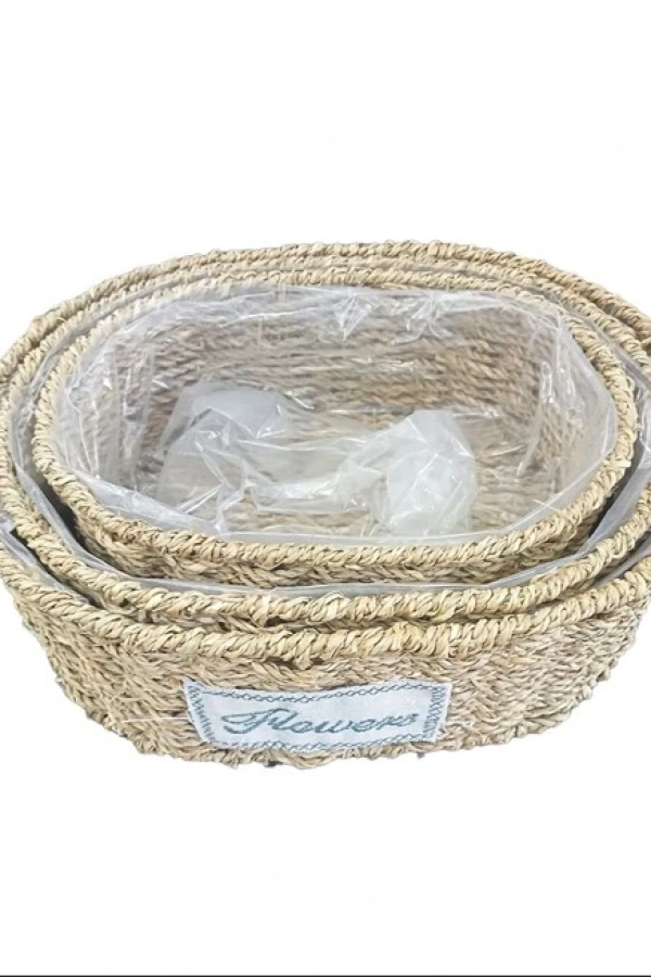 Oval Doğal Hasır Saksı Seti - 3lü