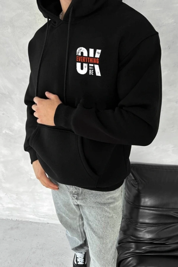 Oversize Üç İplik Kapşonlu SweatShirt - Siyah